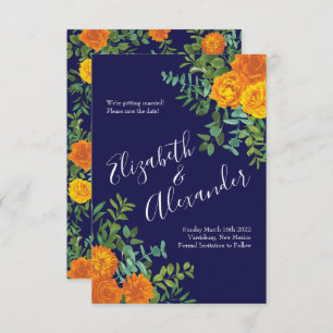 Orange Navy Blue Peony Rose Wedding Save Date Invitation