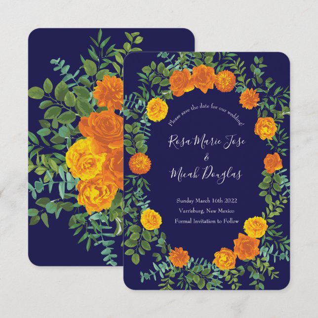 Orange & Navy Blue Peony Rose Wedding Save Date Invitation (Front/Back)