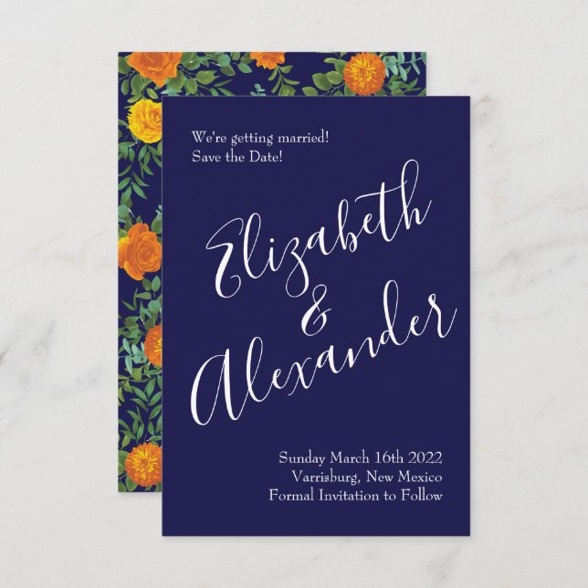 Orange & Navy Blue Peony Rose Wedding Save Date Invitation (Front/Back)