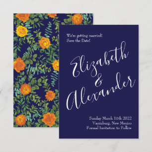 Orange & Navy Blue Peony Rose Wedding Save Date Invitation