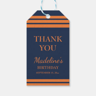 Orange Navy Blue Striped Birthday Party Thank You Gift Tags