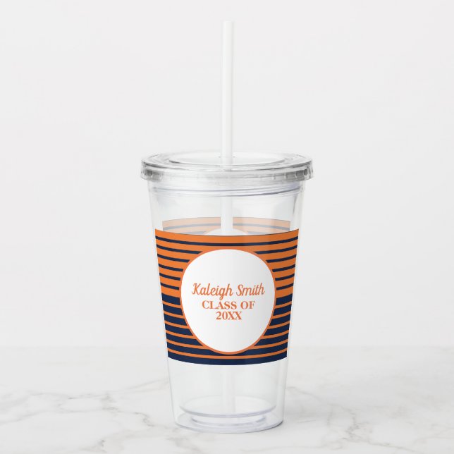 Orange Navy Blue Striped Graduation Class of Acrylic Tumbler (Front)