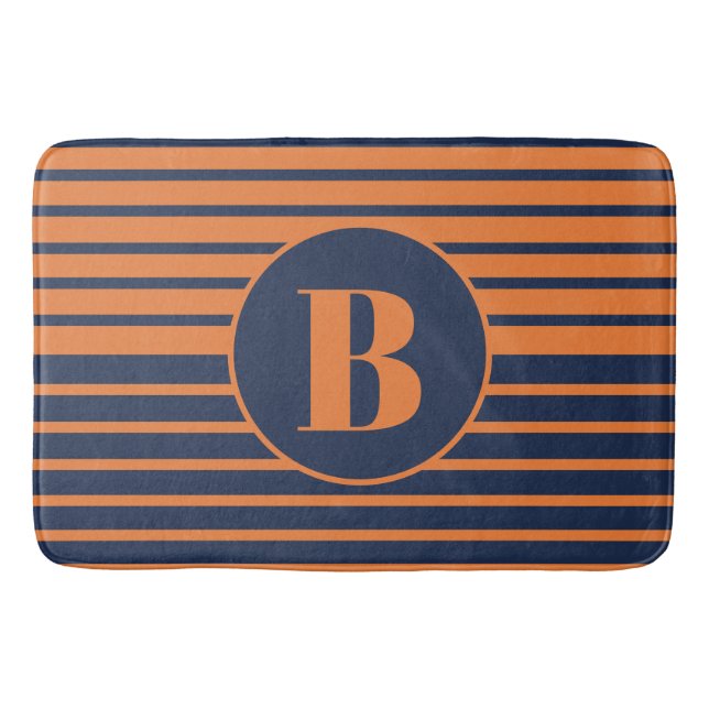 Orange Navy Blue Striped Monogram    Bath Mat (Front)