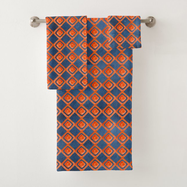 Orange Navy Blue Watercolor Pattern Bath Towel Set (Insitu)