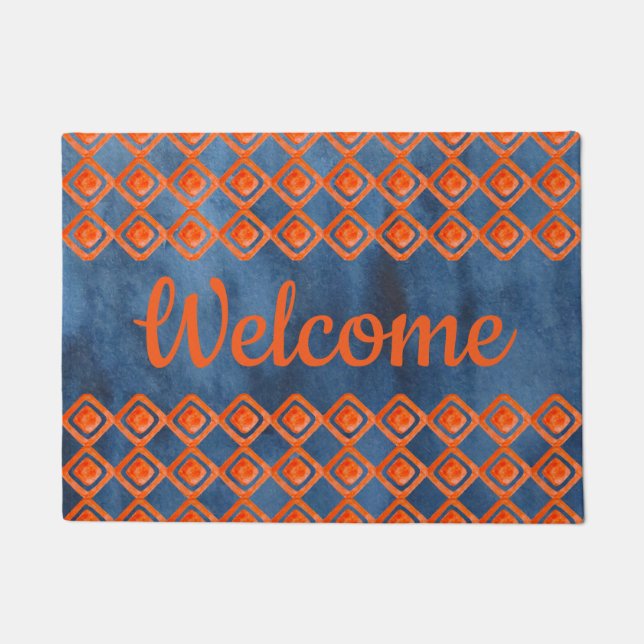 Orange Navy Blue Watercolor Pattern Doormat (Front)