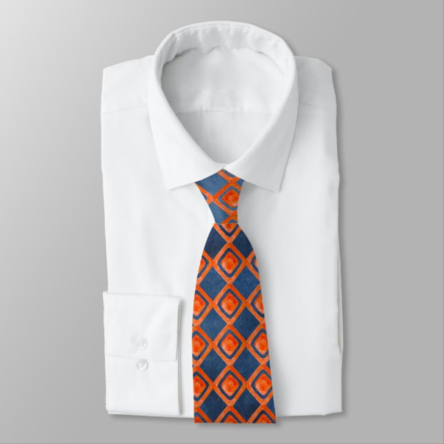 Orange Navy Blue Watercolor Pattern Tie (Tied)