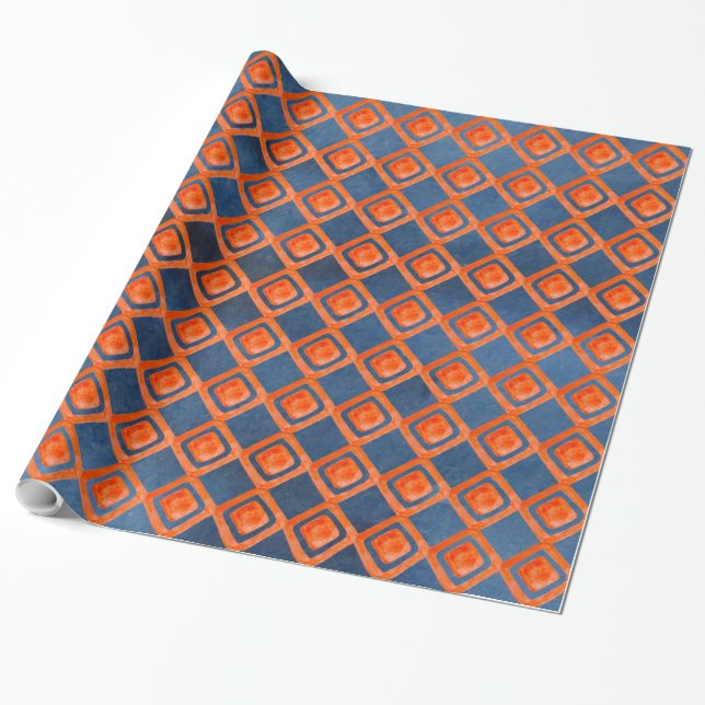 Orange Navy Blue Watercolor Pattern Wrapping Paper (Unrolled)