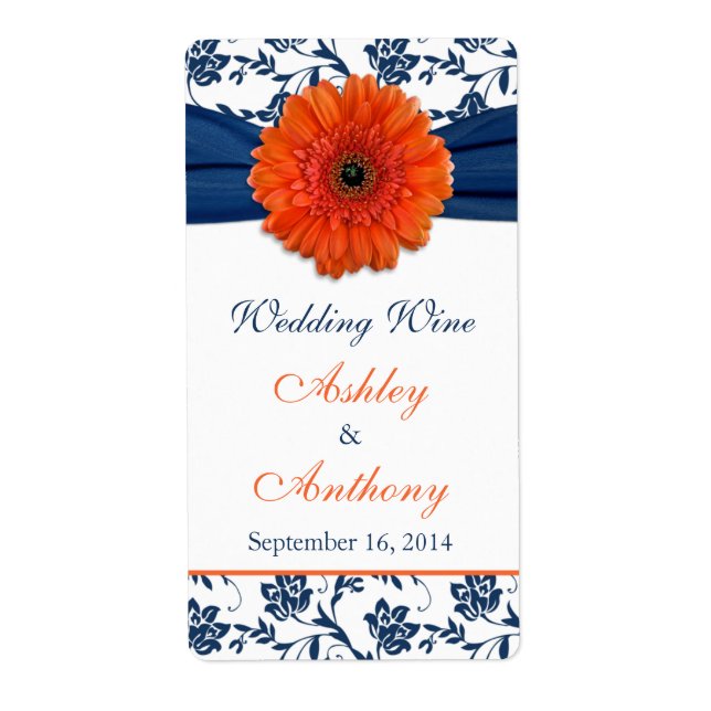 Orange Navy Daisy Wedding Wine Bottle Labels (Front)