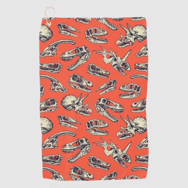 Orange & Navy Dinosaur Skulls Golf Towel (Front)
