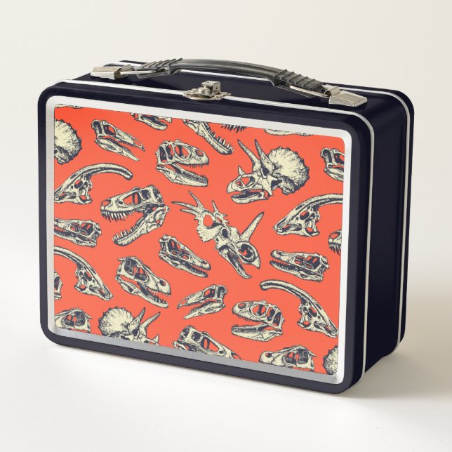Orange & Navy Dinosaur Skulls Metal Lunch Box (Front)