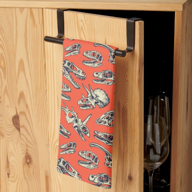 Orange & Navy Dinosaur Skulls Tea Towel (Thirds Fold)