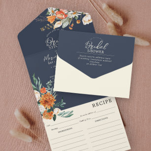 Orange & Navy Floral Bridal Shower & Recipe All In One Invitation