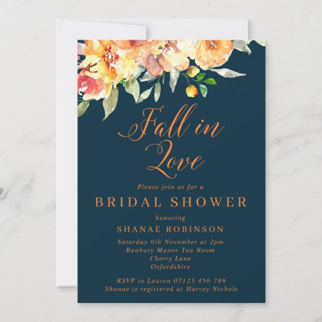 Orange & Navy Floral Fall in Love Bridal Shower Invitation (Front)