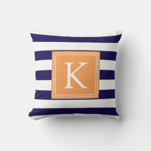 Orange & Navy Monogram Striped   Throw Pillow