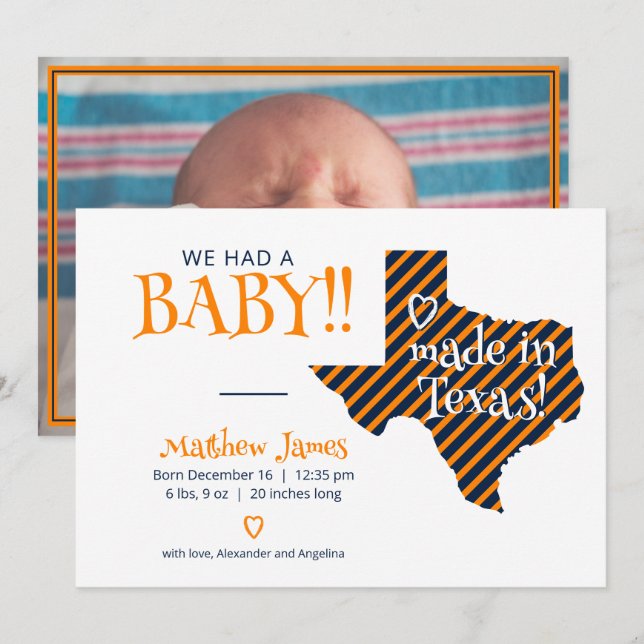 Orange/Navy Striped Made in Texas Photo Baby Announcement (Front/Back)