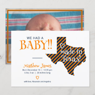 Orange/Navy Striped Made in Texas Photo Baby Announcement