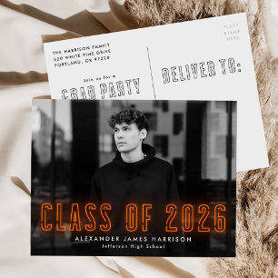 Orange Neon Class of 2026 Photo Graduation Party Invitation Postcard