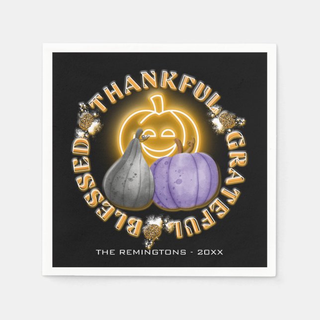 Orange Neon Pumpkin Thankful Grateful Blessed Napkin (Front)