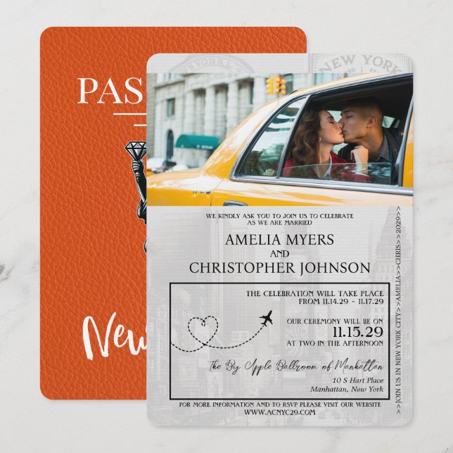 Orange New York City Passport Wedding Invitation (Front/Back)