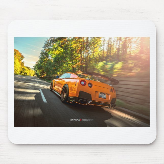 Orange Nissan GT-R Ripping through Seattle streets Mouse Mat (Front)