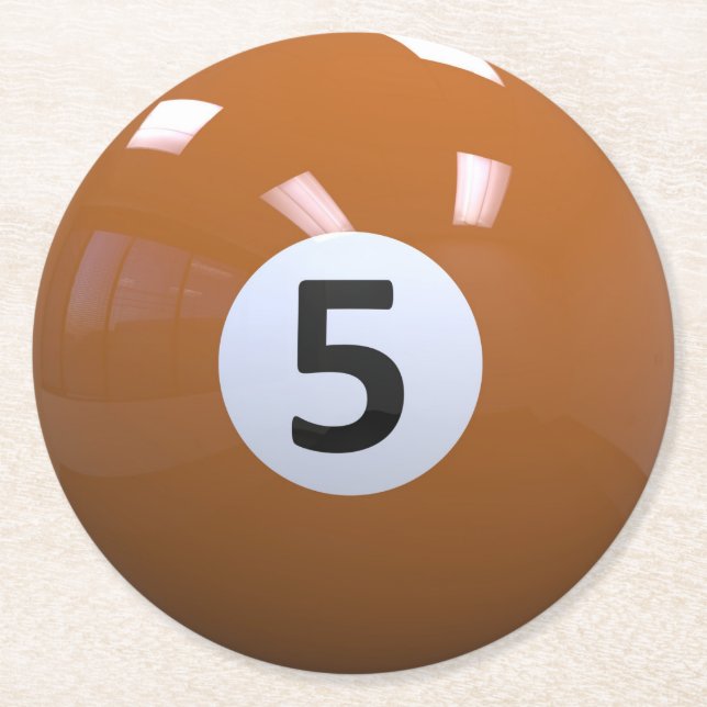 Orange No. 5 Billiard Pool Ball Round Paper Coaster (Front)