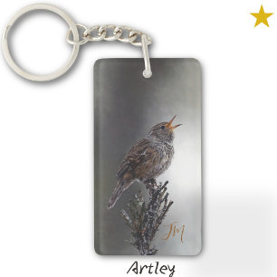 Orange Northern House Wren Bird Painting Initials  Key Ring