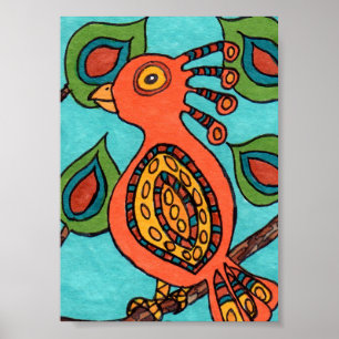 Orange Oaxacan Bird Mini Folk Art Poster