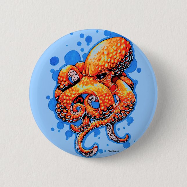 orange octopus 6 cm round badge (Front)