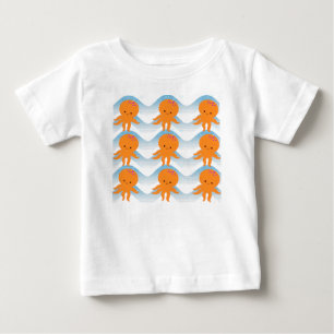 Orange Octopus And Blue Waves Pattern Baby T-Shirt