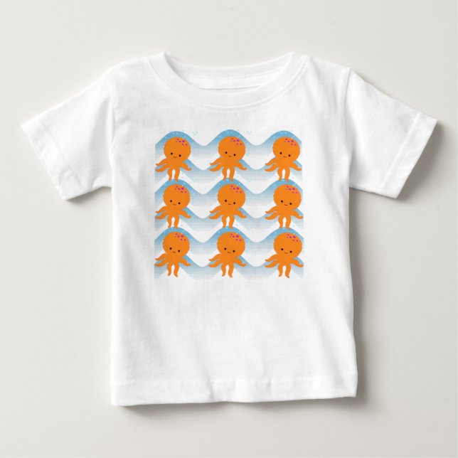 Orange Octopus And Blue Waves Pattern Baby T-Shirt (Front)