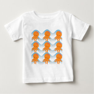 Orange Octopus And Blue Waves Pattern Baby T-Shirt