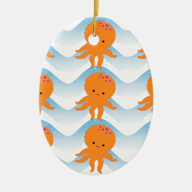 Orange Octopus And Blue Waves Pattern Ceramic Tree Decoration (Front)