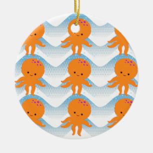 Orange Octopus And Blue Waves Pattern Ceramic Tree Decoration