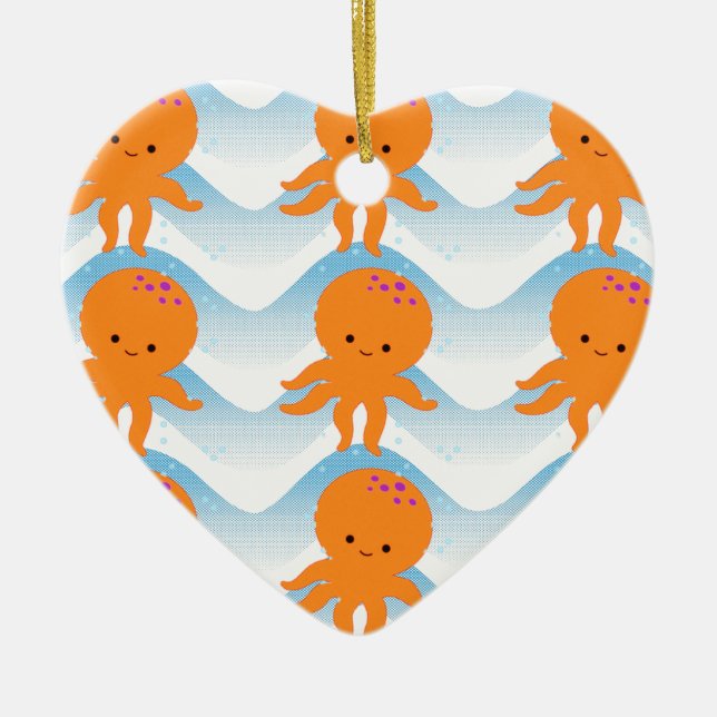 Orange Octopus And Blue Waves Pattern Ceramic Tree Decoration (Front)