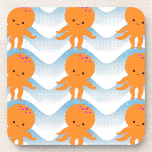 Orange Octopus And Blue Waves Pattern Coaster