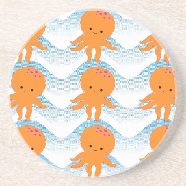 Orange Octopus And Blue Waves Pattern Coaster (Front)
