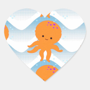 Orange Octopus And Blue Waves Pattern Heart Sticker