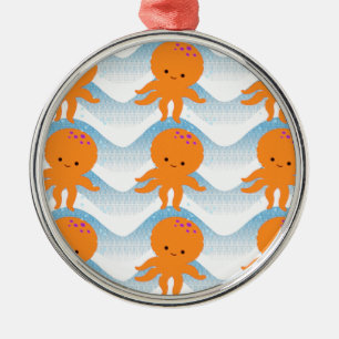 Orange Octopus And Blue Waves Pattern Metal Tree Decoration