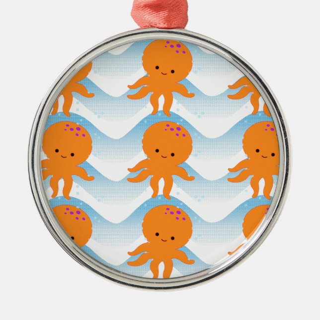 Orange Octopus And Blue Waves Pattern Metal Tree Decoration (Front)