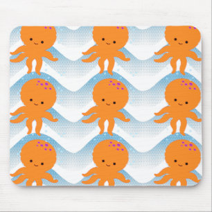 Orange Octopus And Blue Waves Pattern Mouse Mat