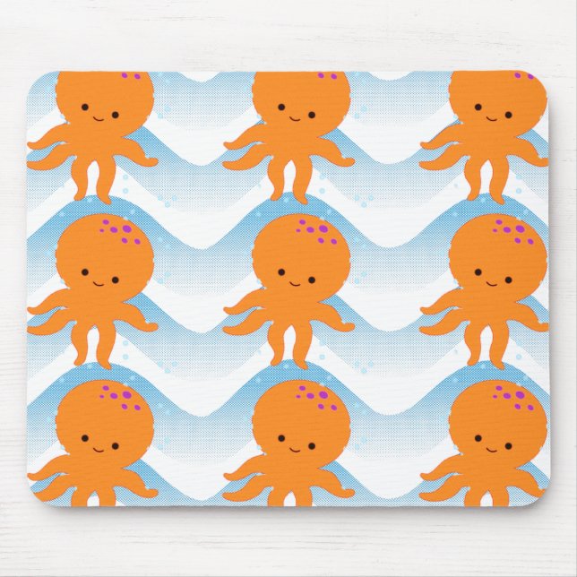 Orange Octopus And Blue Waves Pattern Mouse Mat (Front)