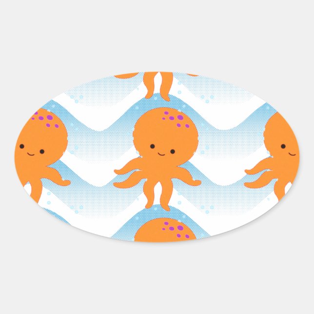 Orange Octopus And Blue Waves Pattern Oval Sticker (Front)
