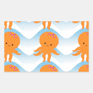 Orange Octopus And Blue Waves Pattern Rectangular Sticker