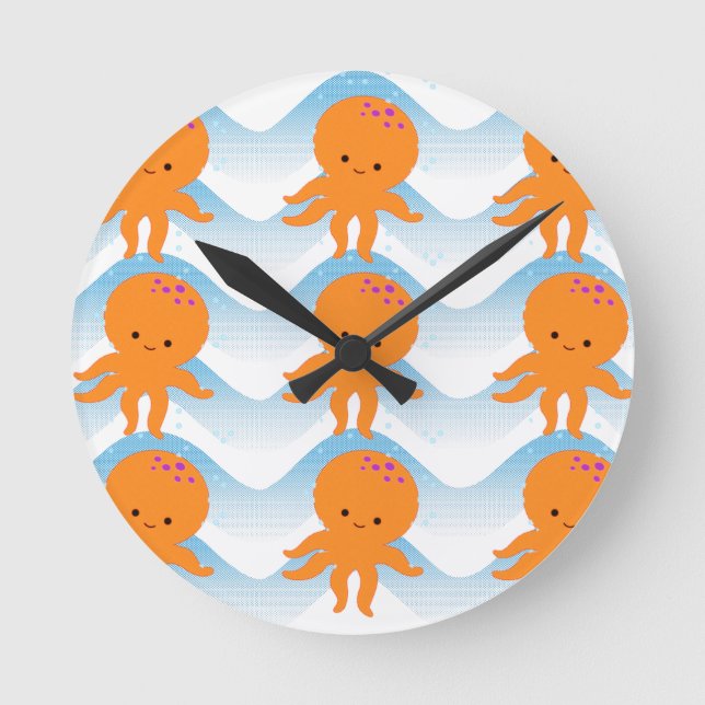 Orange Octopus And Blue Waves Pattern Round Clock (Front)