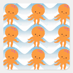 Orange Octopus And Blue Waves Pattern Square Sticker