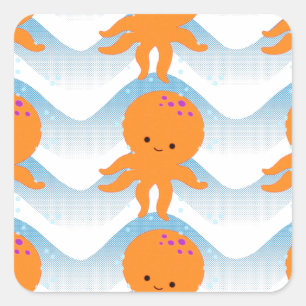 Orange Octopus And Blue Waves Pattern Square Sticker