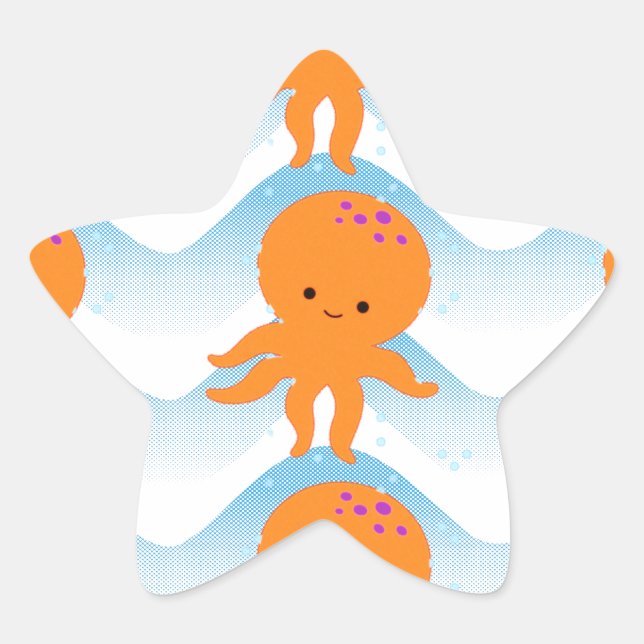 Orange Octopus And Blue Waves Pattern Star Sticker (Front)