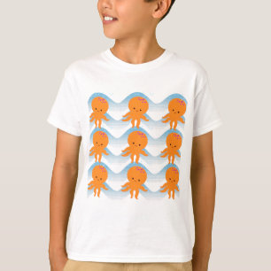 Orange Octopus And Blue Waves Pattern T-Shirt
