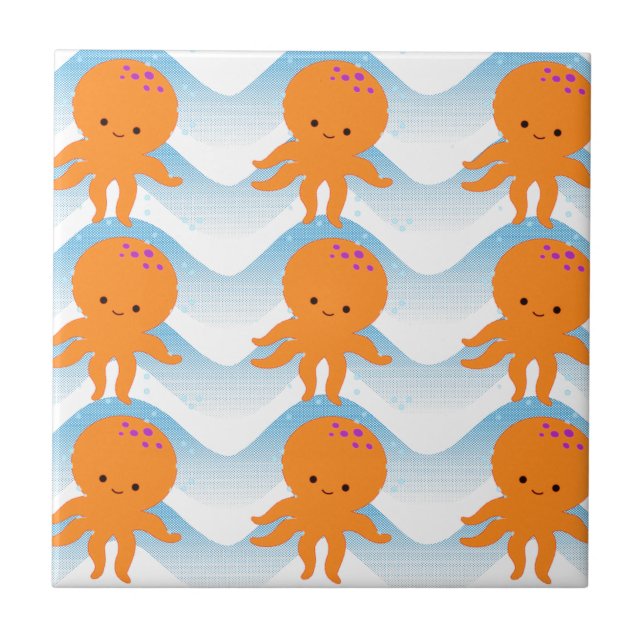 Orange Octopus And Blue Waves Pattern Tile (Front)