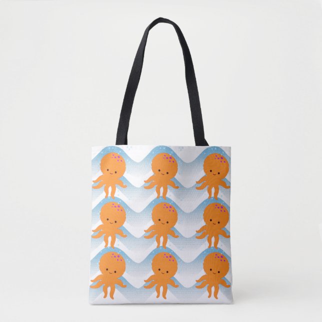 Orange Octopus And Blue Waves Pattern Tote Bag (Front)
